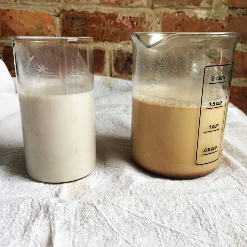 Store-bought almond milk (left) versus almond butter almond milk (right).